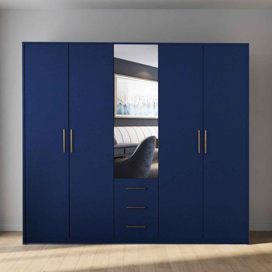 Windsor Blue 5 Door Wardrobe 200cm with Mirror and 3 Drawers