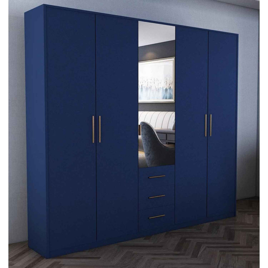 Windsor Blue 5 Door Wardrobe 200cm with Mirror and 3 Drawers