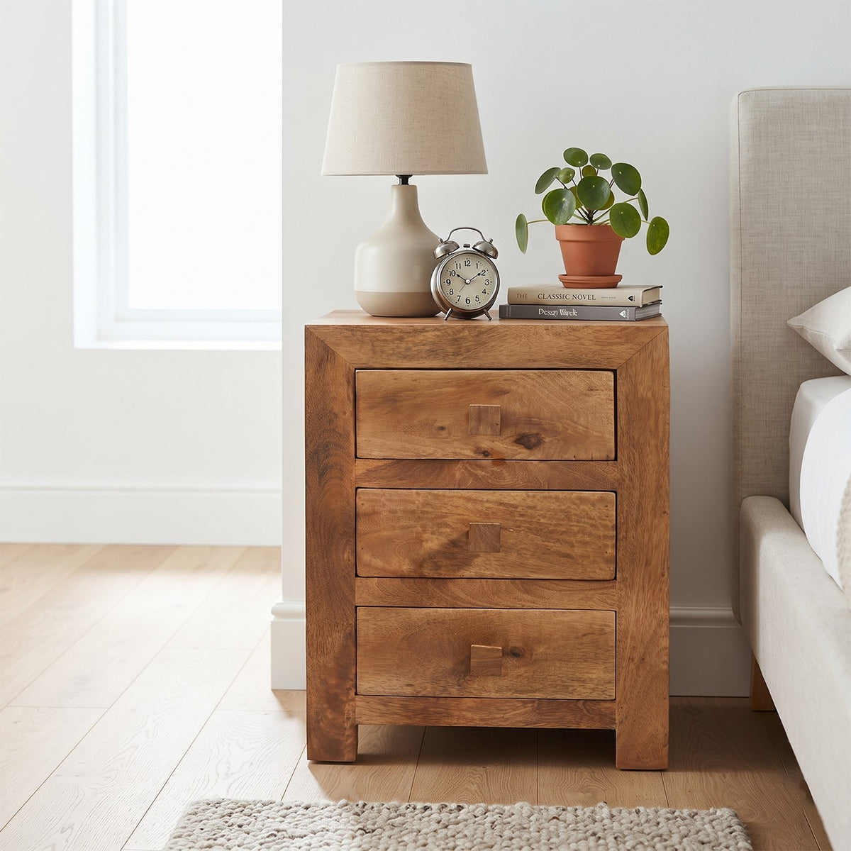 Solvara Natural Solid Mango Wood Matt Finish 3 Drawer Bedside Table - image 2