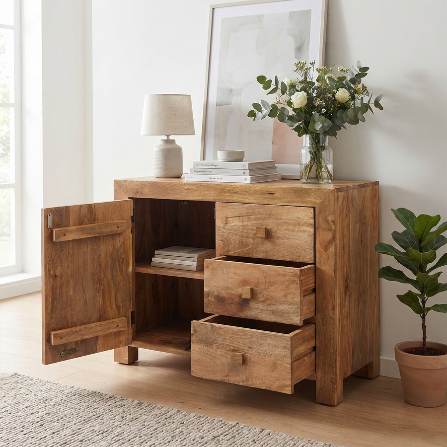 Solvara Natural Solid Mango Wood Matt Finish Small 3 Drawer Sideboard - image 2
