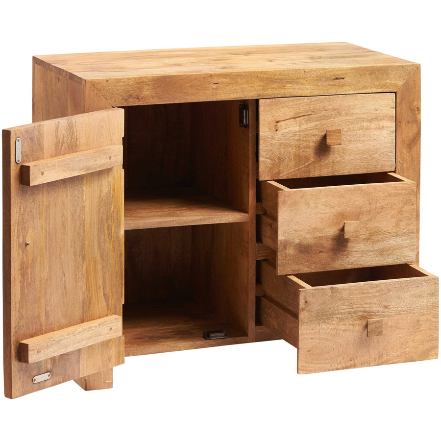 Solvara Natural Solid Mango Wood Matt Finish Small 3 Drawer Sideboard