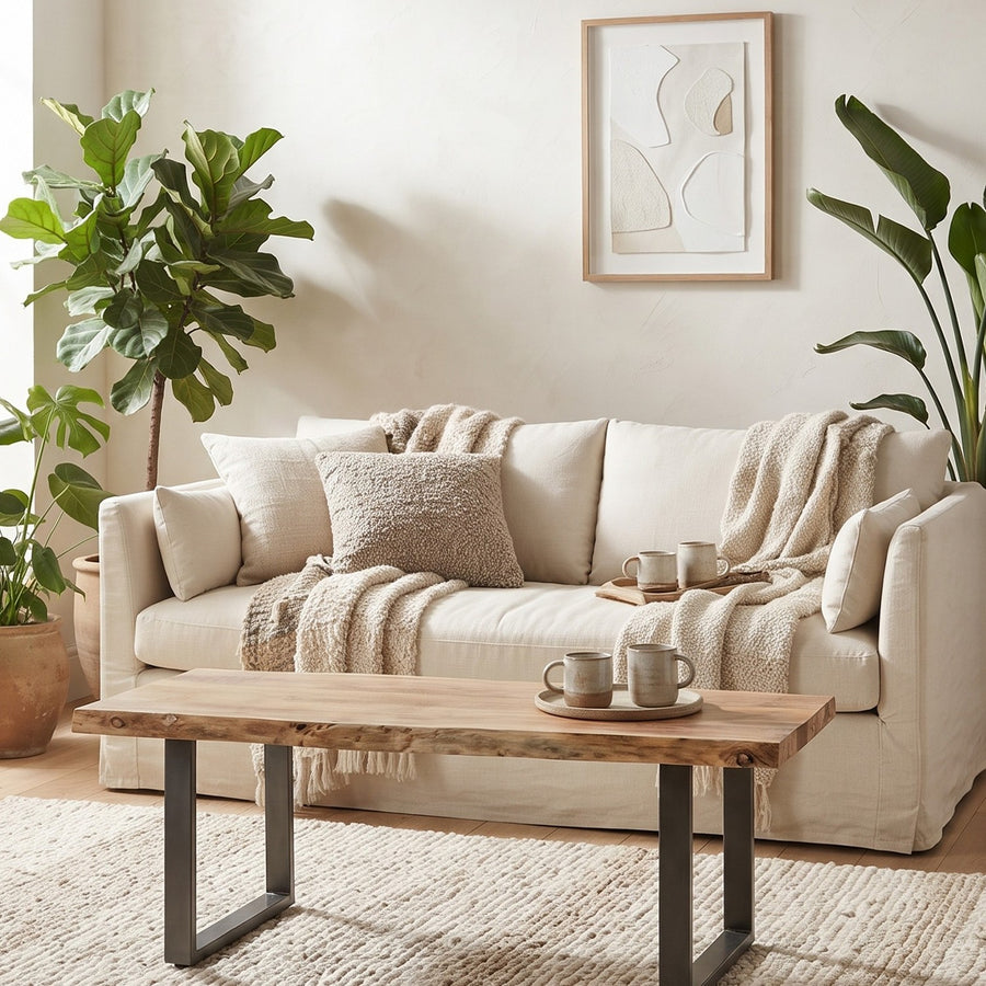 Barkwyn Natural Live Edge Acacia Wood Coffee Table with Metal Base