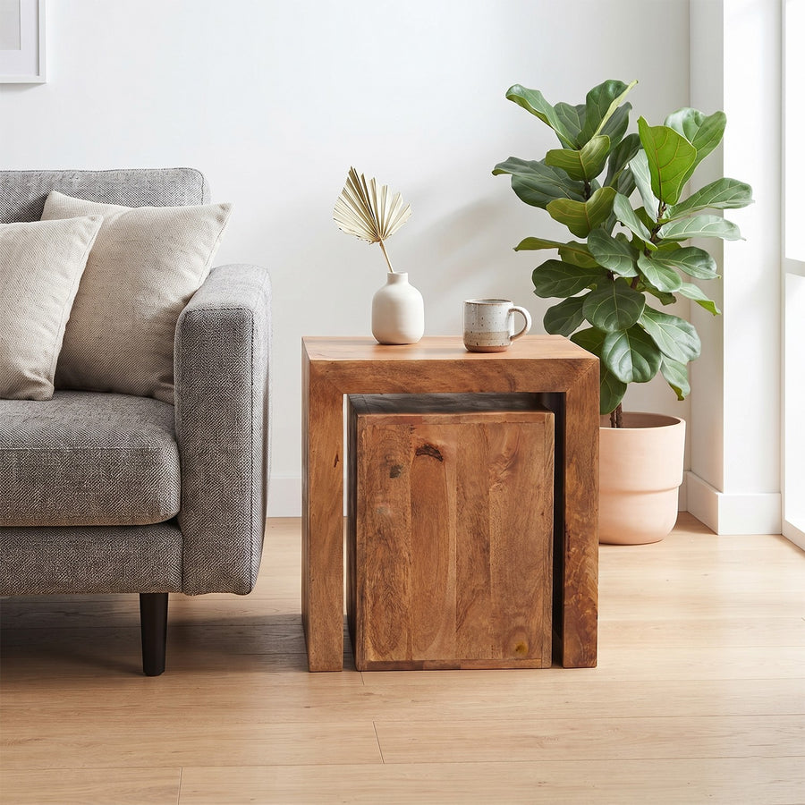 Solvara Natural Solid Mango Wood Matt Finish Cube Nest of 2 Tables