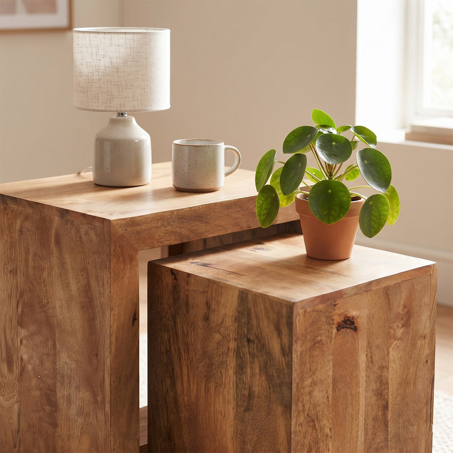 Solvara Natural Solid Mango Wood Matt Finish Cube Nest of 2 Tables - image 2