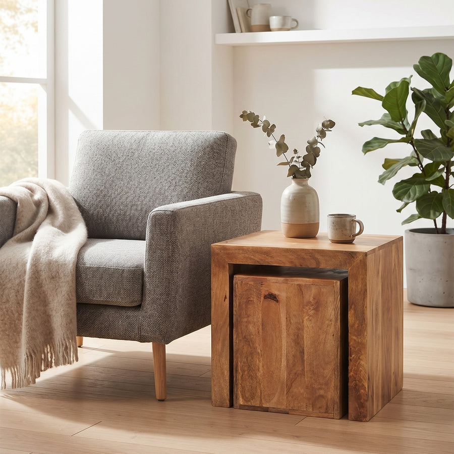 Solvara Natural Solid Mango Wood Matt Finish Cube Nest of 2 Tables - image 3