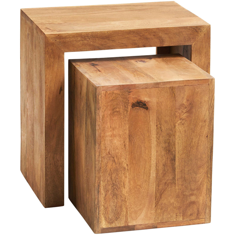 Solvara Natural Solid Mango Wood Matt Finish Cube Nest of 2 Tables