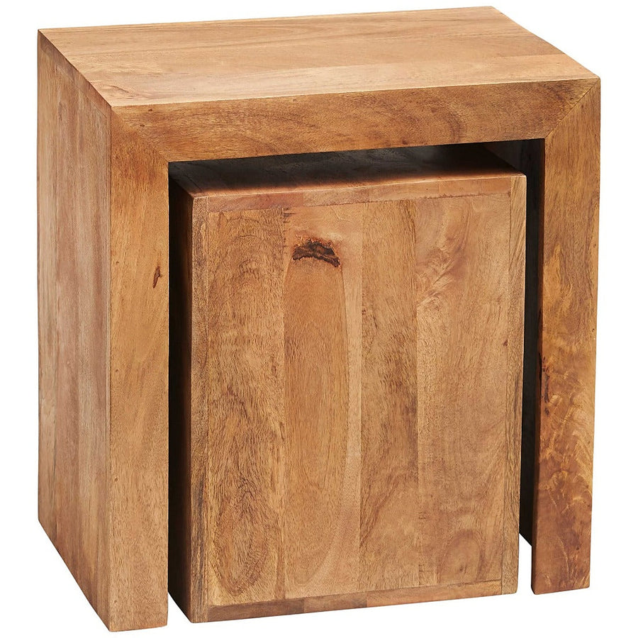 Solvara Natural Solid Mango Wood Matt Finish Cube Nest of 2 Tables