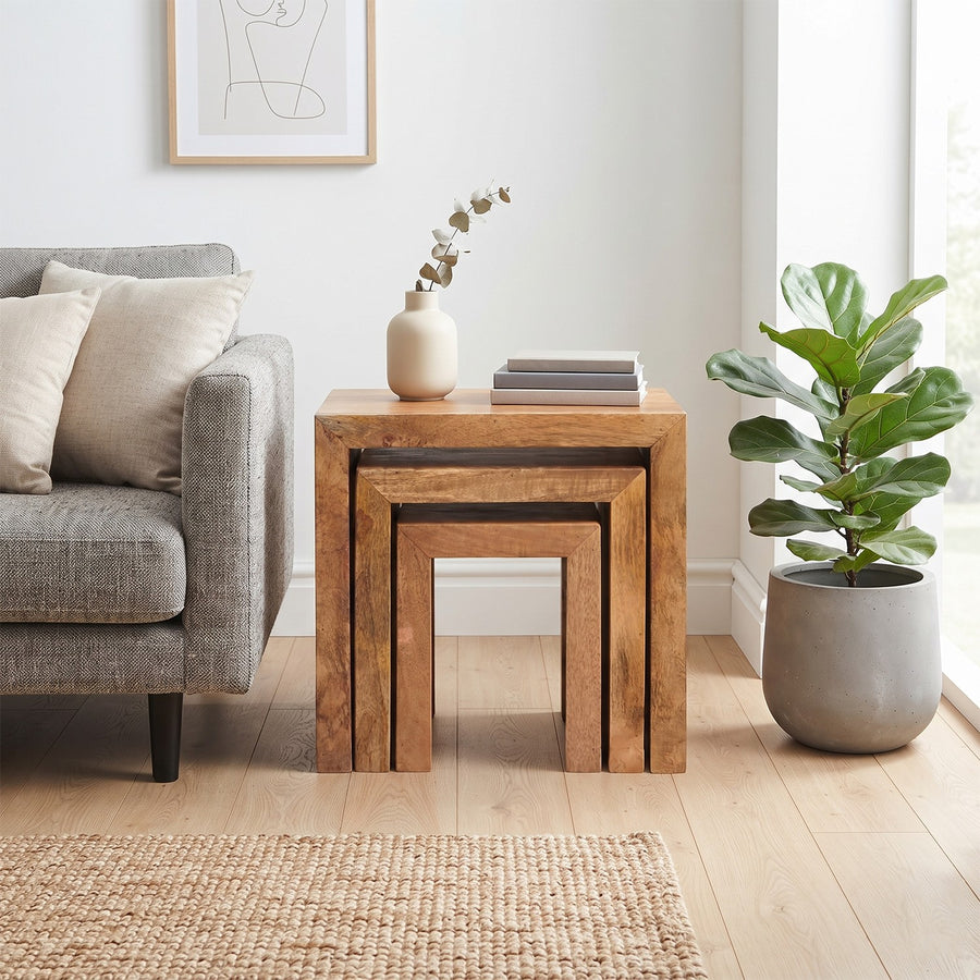 Solvara Natural Solid Mango Wood Matt Finish Nest of 3 Tables