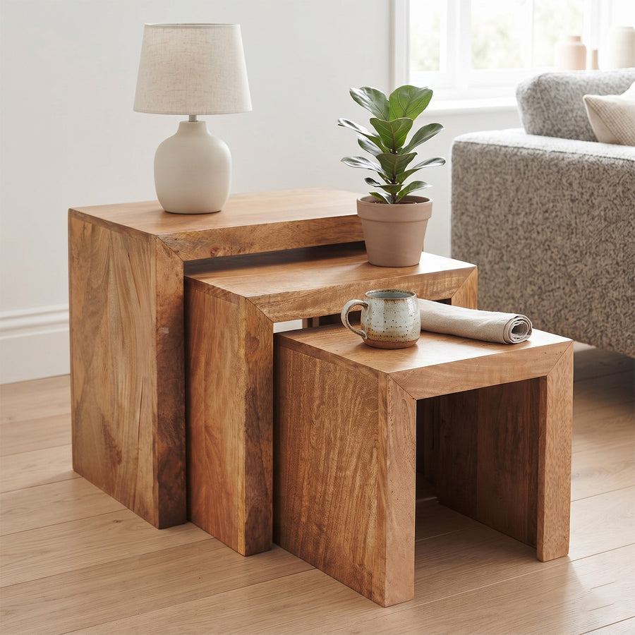 Solvara Natural Solid Mango Wood Matt Finish Nest of 3 Tables - image 2