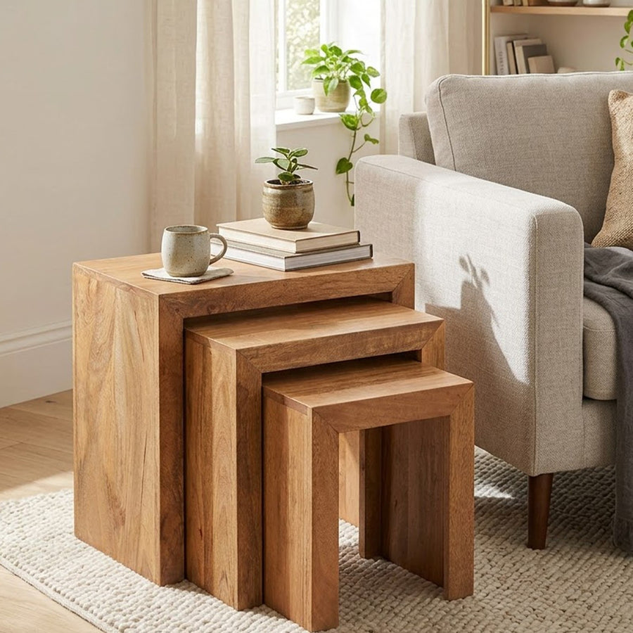 Solvara Natural Solid Mango Wood Matt Finish Nest of 3 Tables - image 3