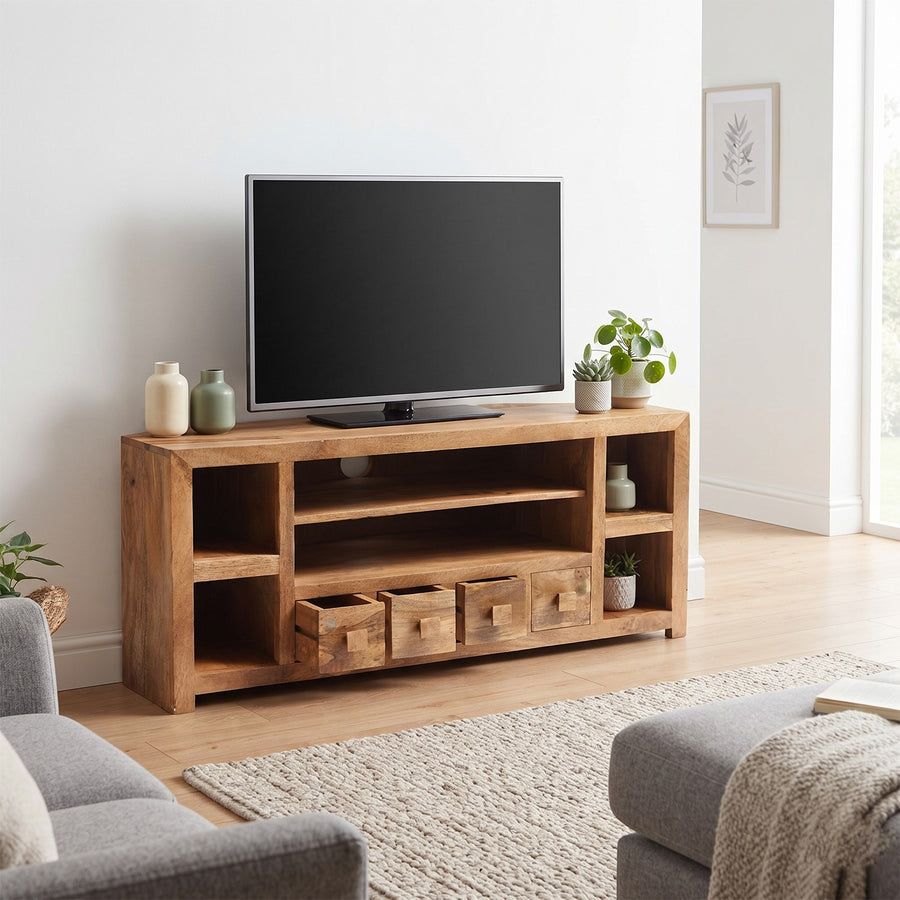 Solvara Natural Solid Mango Wood Matt Finish 4 Drawer Corner TV Unit