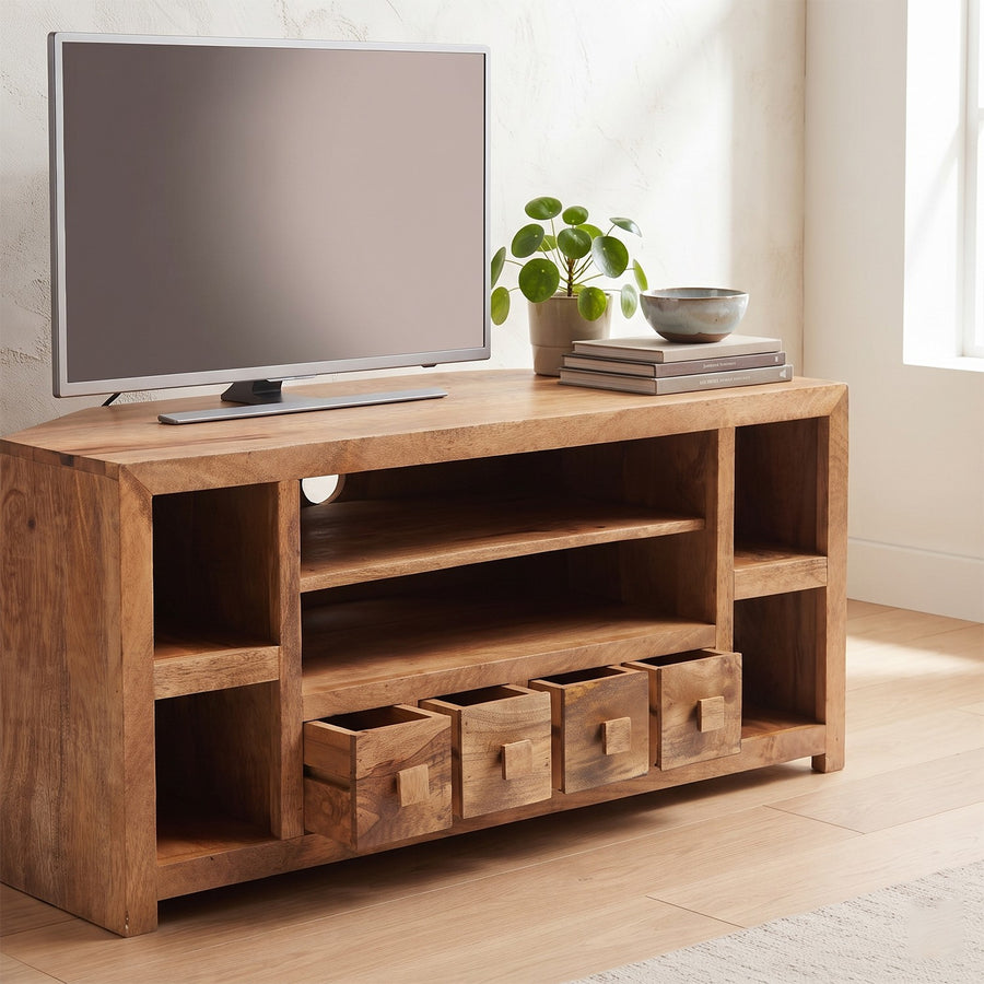 Solvara Natural Solid Mango Wood Matt Finish 4 Drawer Corner TV Unit - image 2