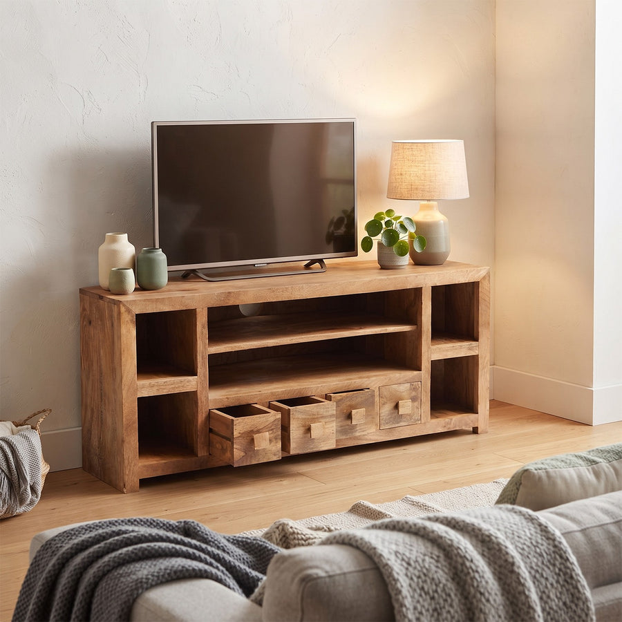 Solvara Natural Solid Mango Wood Matt Finish 4 Drawer Corner TV Unit - image 3