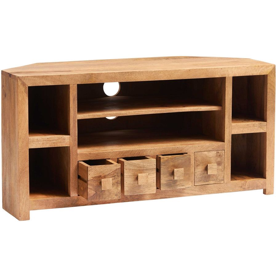 Solvara Natural Solid Mango Wood Matt Finish 4 Drawer Corner TV Unit