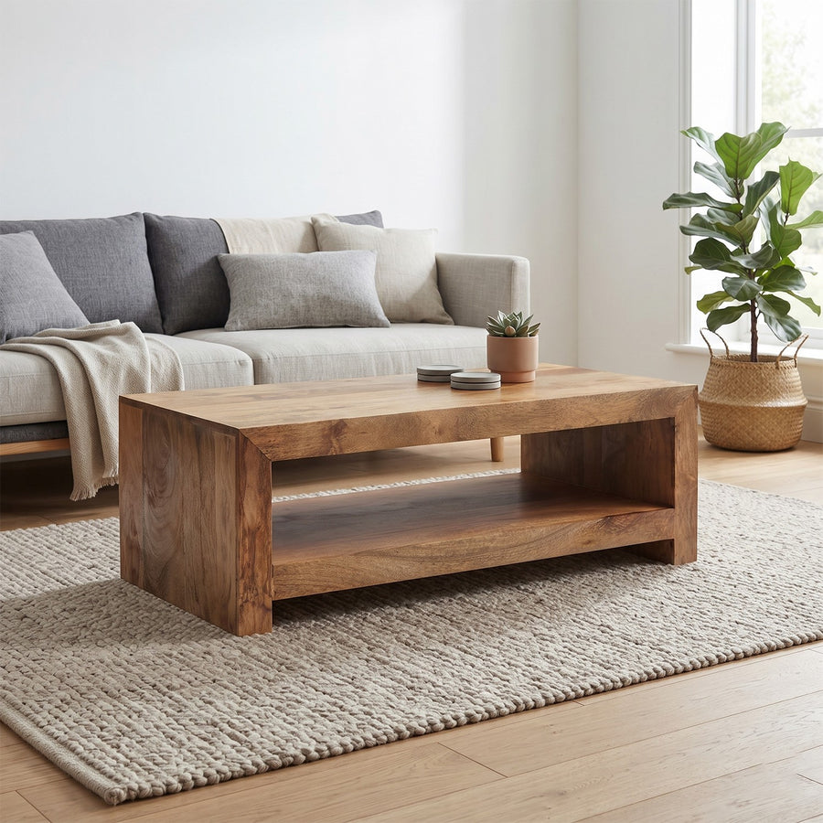 Solvara Natural Large Solid Mango Wood Coffee Table with Shelf