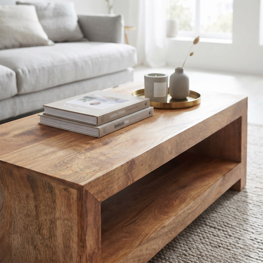 Solvara Natural Large Solid Mango Wood Coffee Table with Shelf - image 2