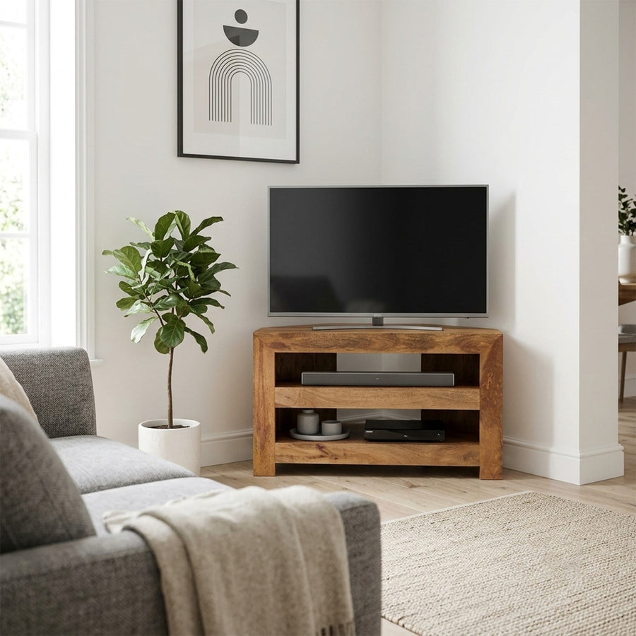 Solvara Natural Solid Mango Wood Matt Finish Open Corner TV Stand