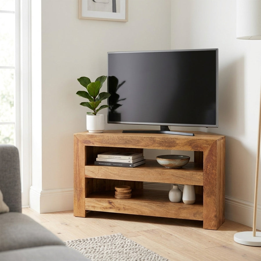 Solvara Natural Solid Mango Wood Matt Finish Open Corner TV Stand - image 2
