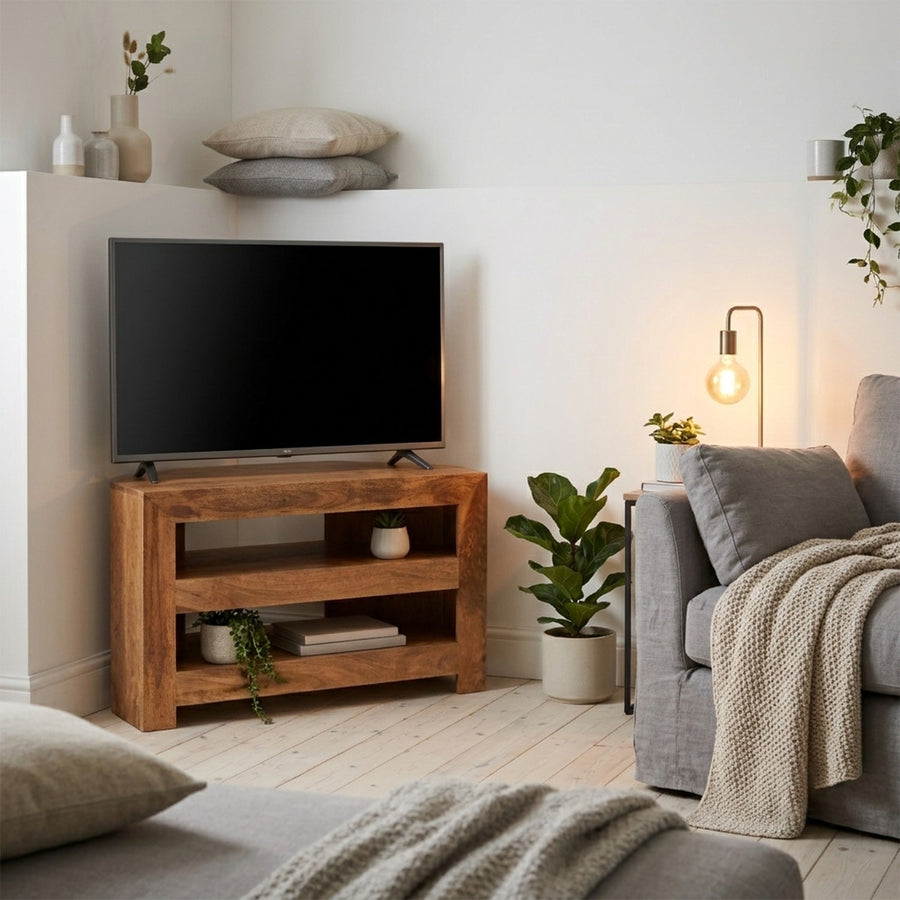 Solvara Natural Solid Mango Wood Matt Finish Open Corner TV Stand - image 3