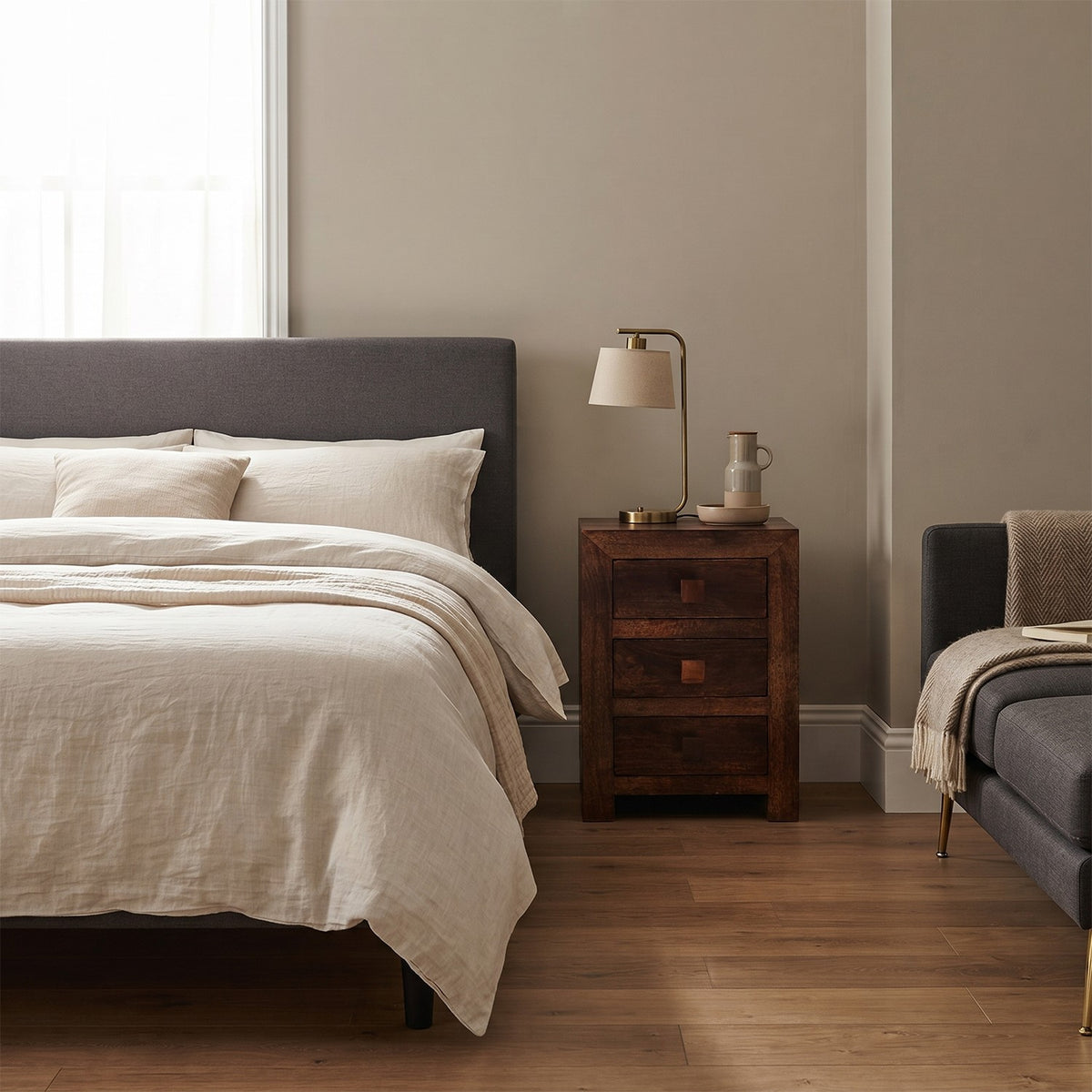 Noralto Walnut Solid Mango Wood 3 Drawer Bedside Table