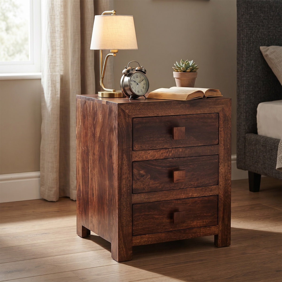 Noralto Walnut Solid Mango Wood 3 Drawer Bedside Table - image 2
