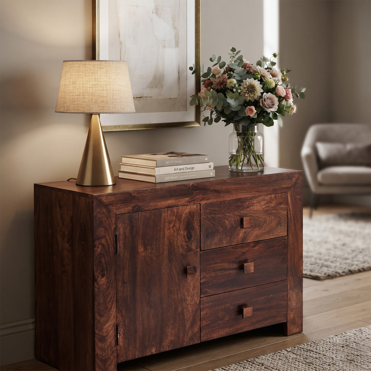 Noralto Walnut Solid Mango Wood Small 3 Drawer Sideboard