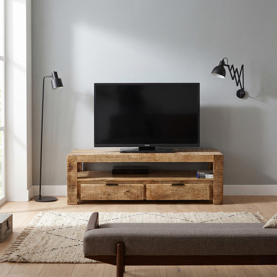 Modrina Natural Modern Mango Wood Low 2 Drawer TV Stand
