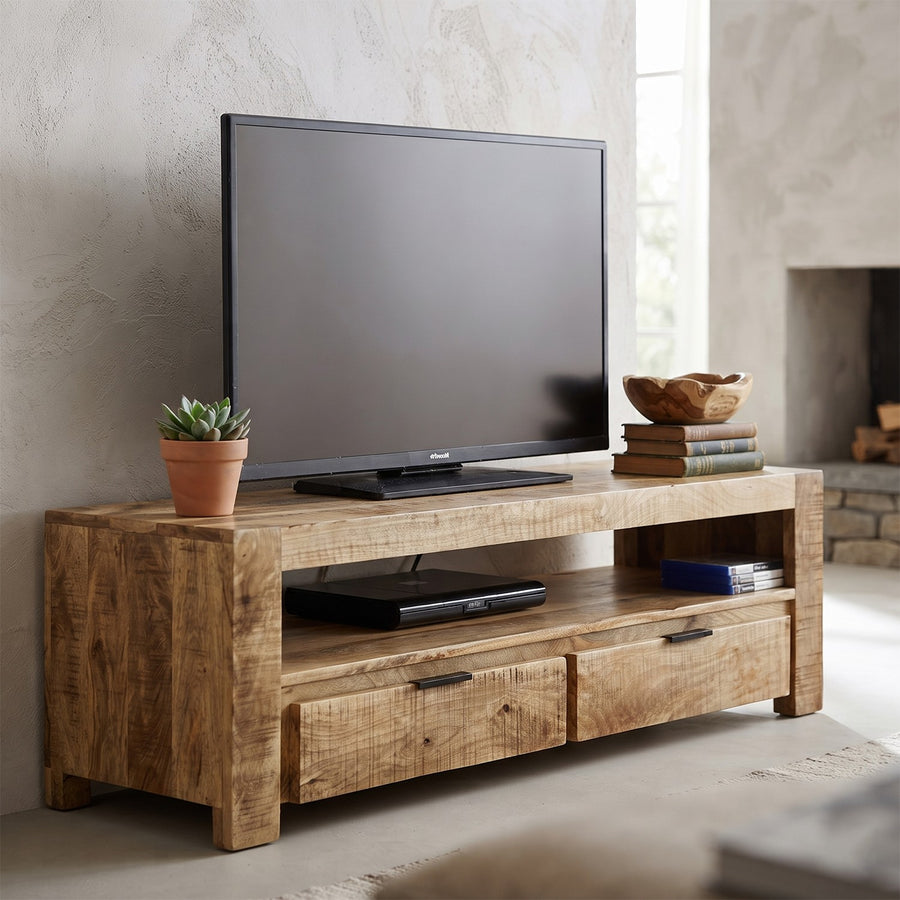 Modrina Natural Modern Mango Wood Low 2 Drawer TV Stand
