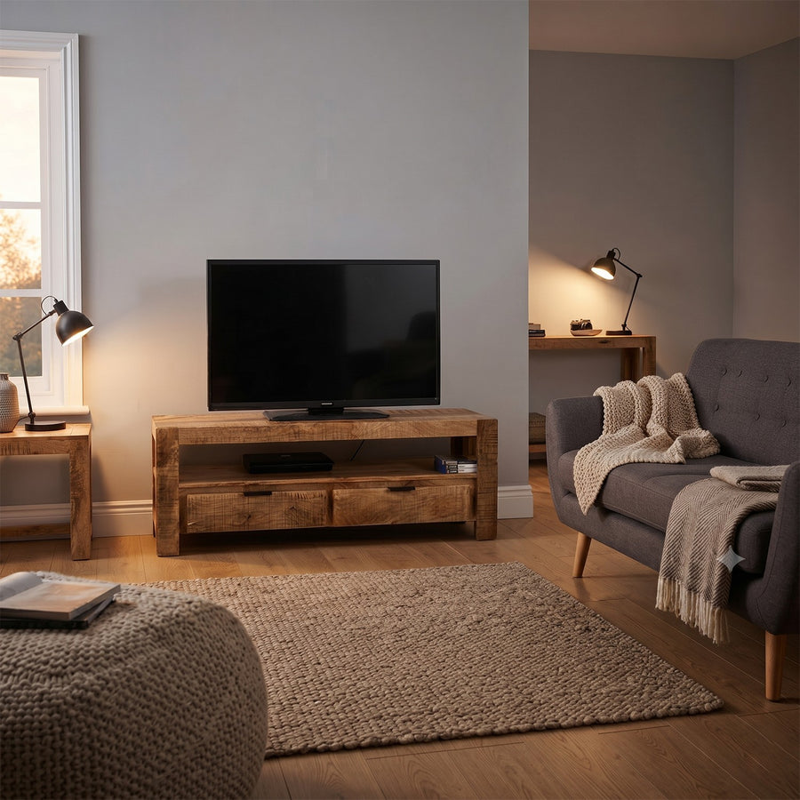 Modrina Natural Modern Mango Wood Low 2 Drawer TV Stand