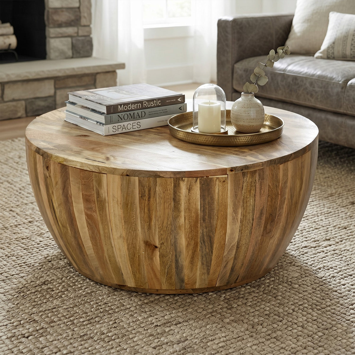 Modrina Natural Mango Wood Round Drum Coffee Table