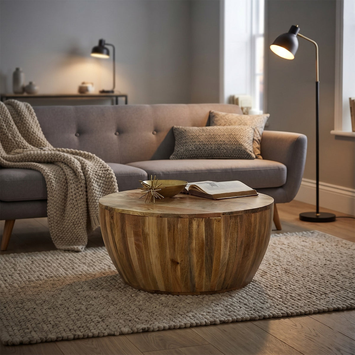Modrina Natural Mango Wood Round Drum Coffee Table