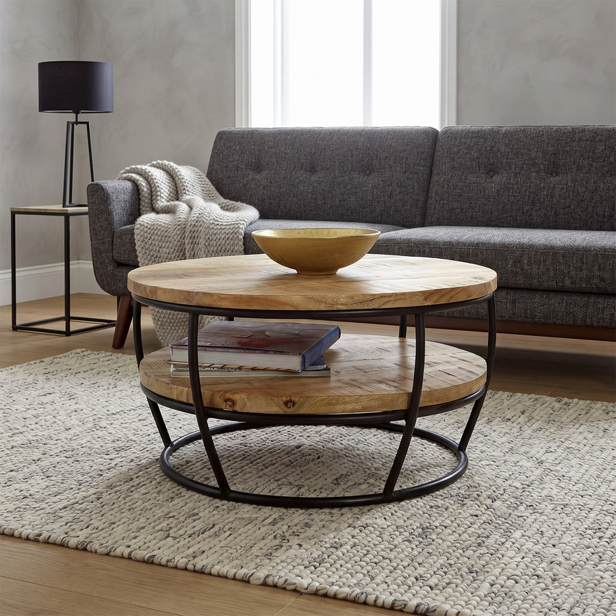 Modrina Natural Round Mango Wood and Metal Coffee Table with Shelf