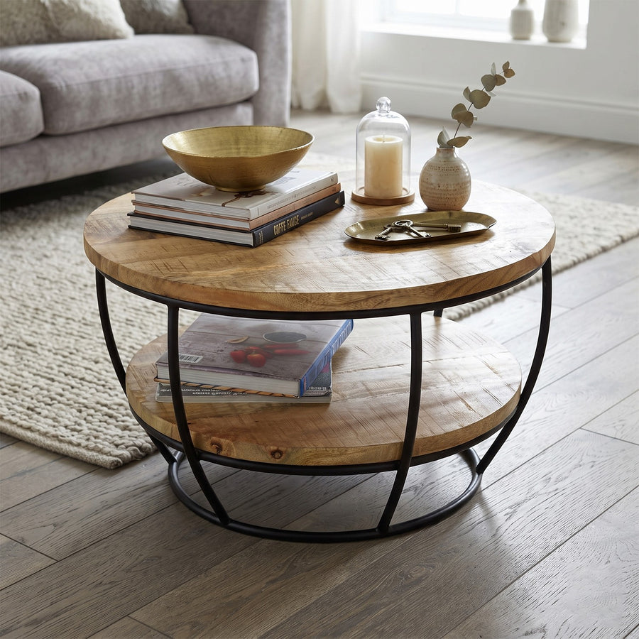 Modrina Natural Round Mango Wood and Metal Coffee Table with Shelf