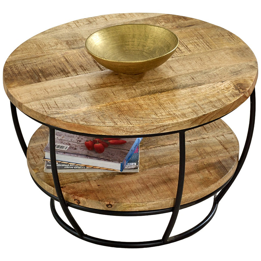 Modrina Natural Round Mango Wood and Metal Coffee Table with Shelf