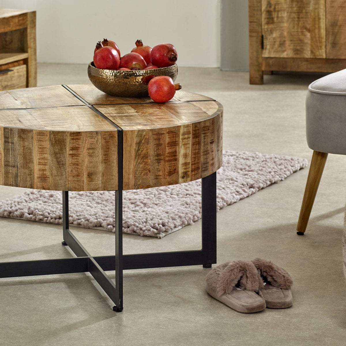 Modrina Natural Round Mango Wood Coffee Table with Metal Legs