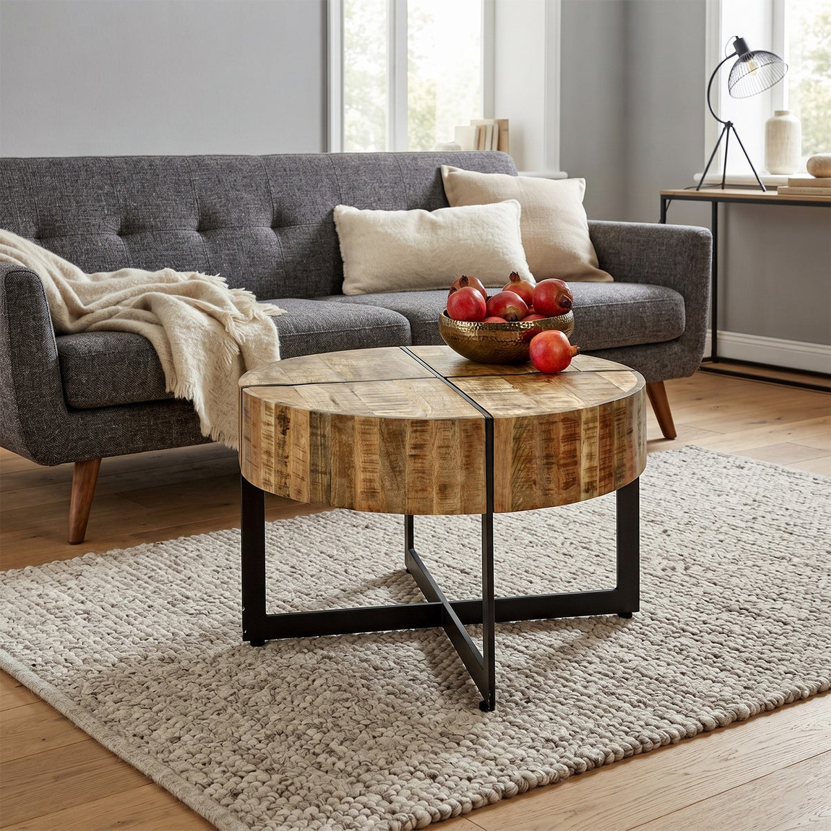 Modrina Natural Round Mango Wood Coffee Table with Metal Legs