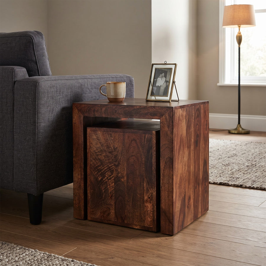 Noralto Walnut Solid Mango Wood Cube Nest of 2 Tables