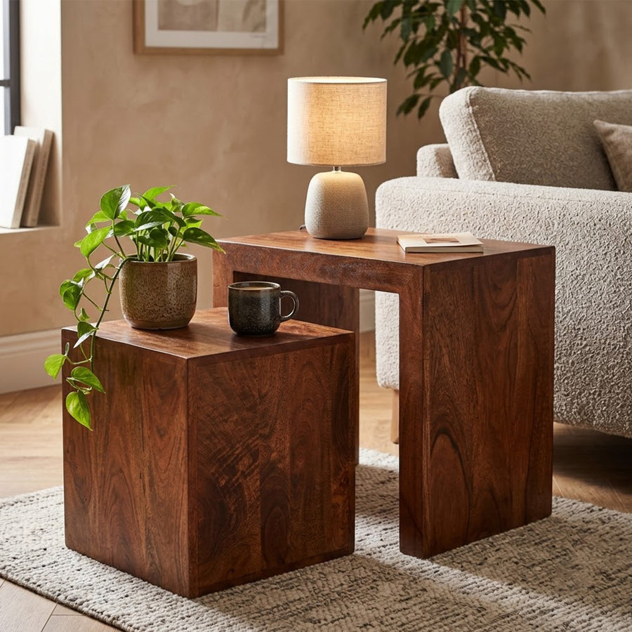 Noralto Walnut Solid Mango Wood Cube Nest of 2 Tables