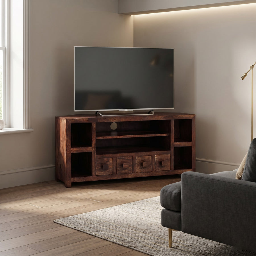 Noralto Walnut Solid Mango Wood 4 Drawer Corner TV Unit