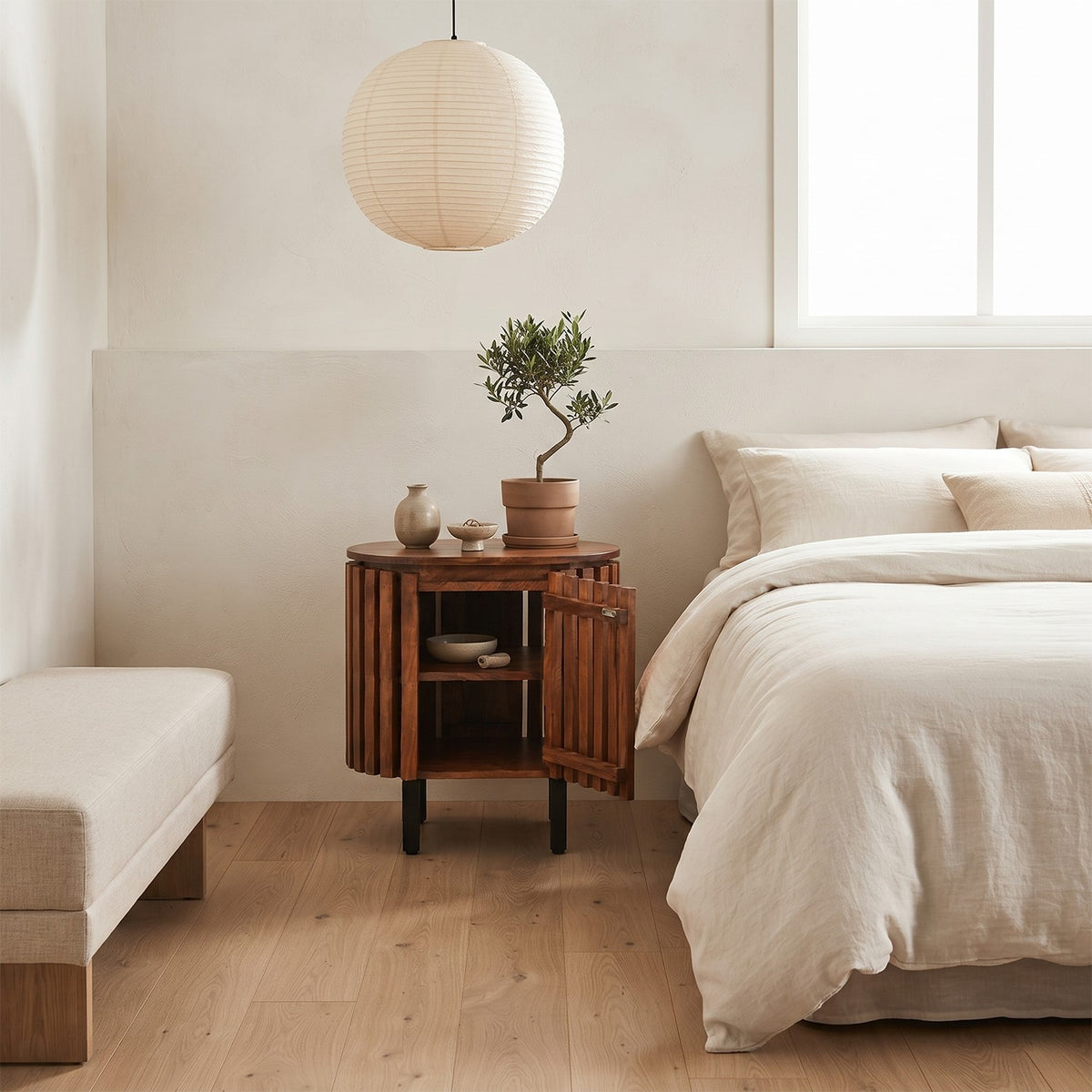 Lattica Walnut Slatted Mango Wood Bedside Table with Shelf