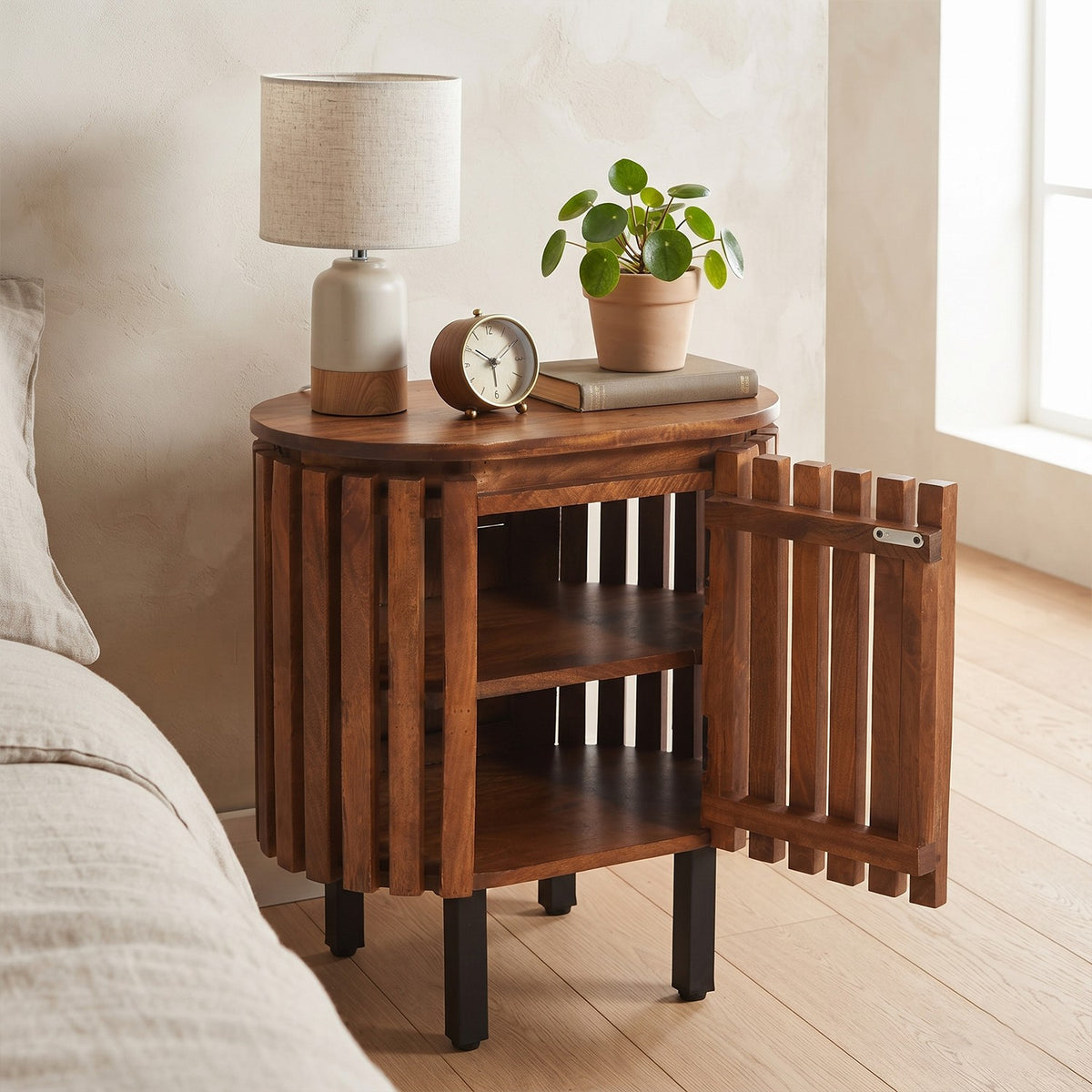 Lattica Walnut Slatted Mango Wood Bedside Table with Shelf - image 2