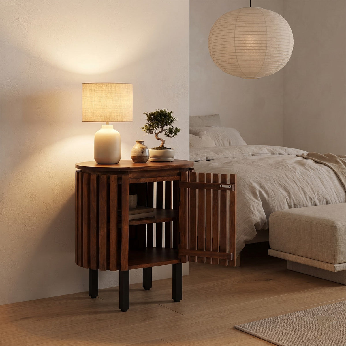 Lattica Walnut Slatted Mango Wood Bedside Table with Shelf - image 3