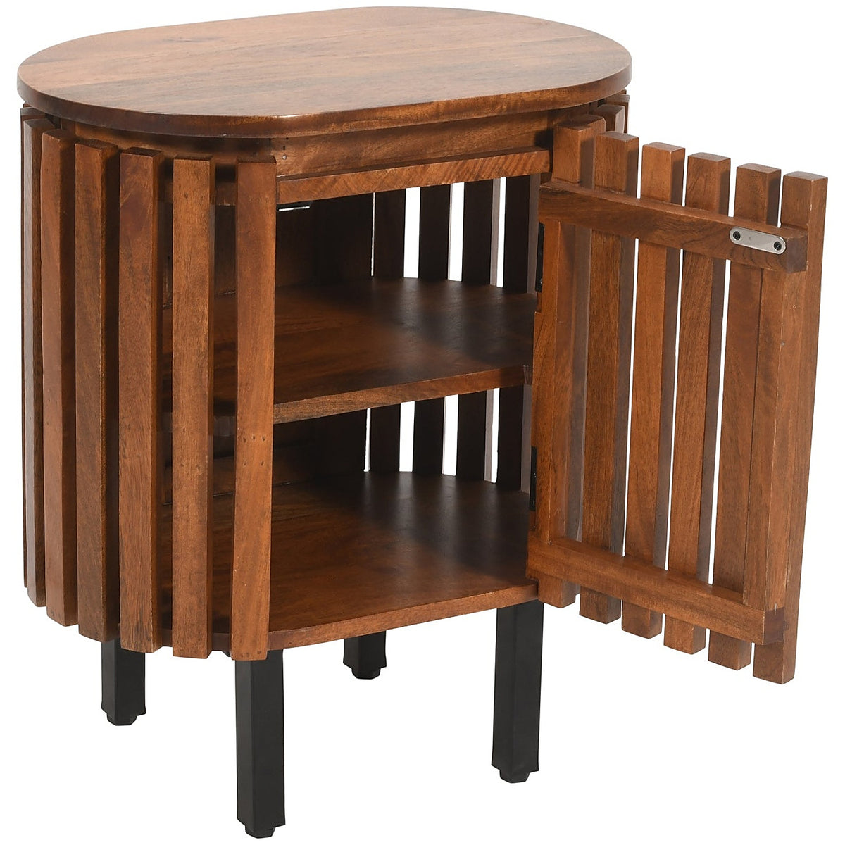 Lattica Walnut Slatted Mango Wood Bedside Table with Shelf