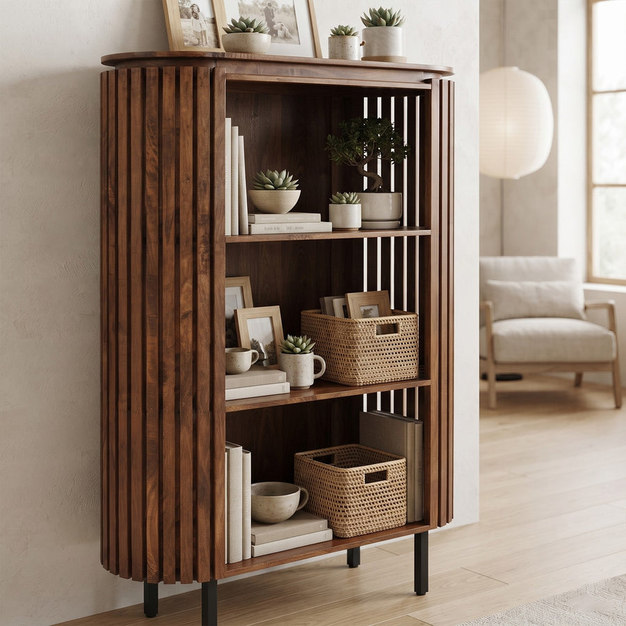 Lattica Walnut Slatted Mango Wood 3 Tier Bookcase - image 2