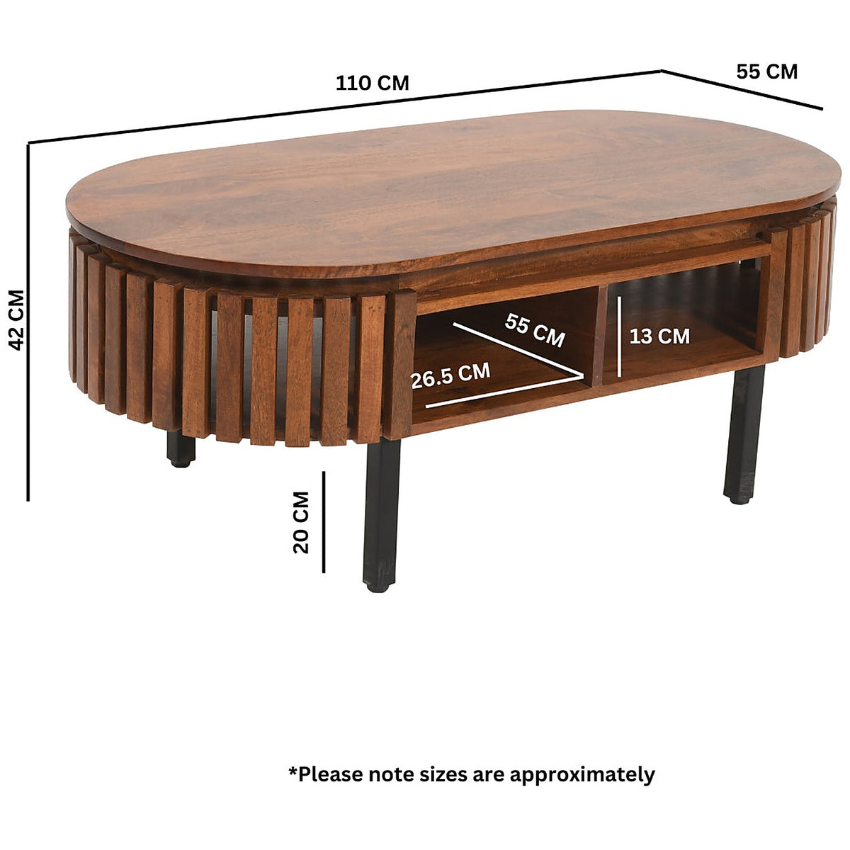 Lattica Walnut Oval Slatted Mango Wood Coffee Table with Shelf - image 7