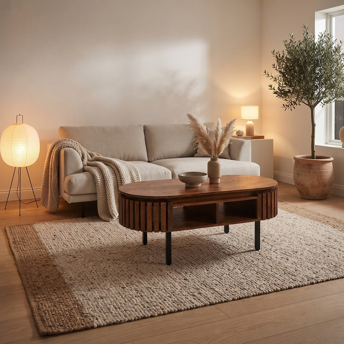 Lattica Walnut Oval Slatted Mango Wood Coffee Table with Shelf - image 3