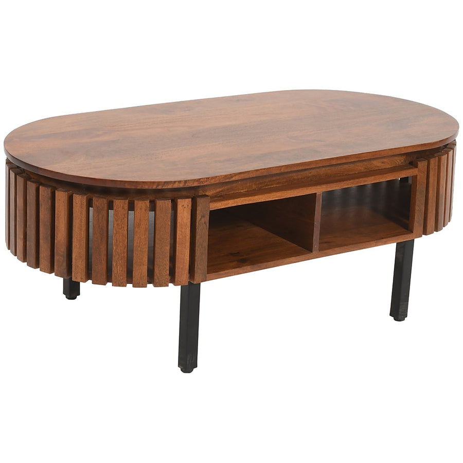 Lattica Walnut Oval Slatted Mango Wood Coffee Table with Shelf - image 4