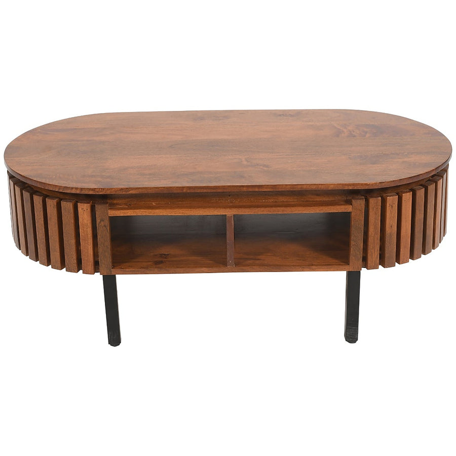 Lattica Walnut Oval Slatted Mango Wood Coffee Table with Shelf