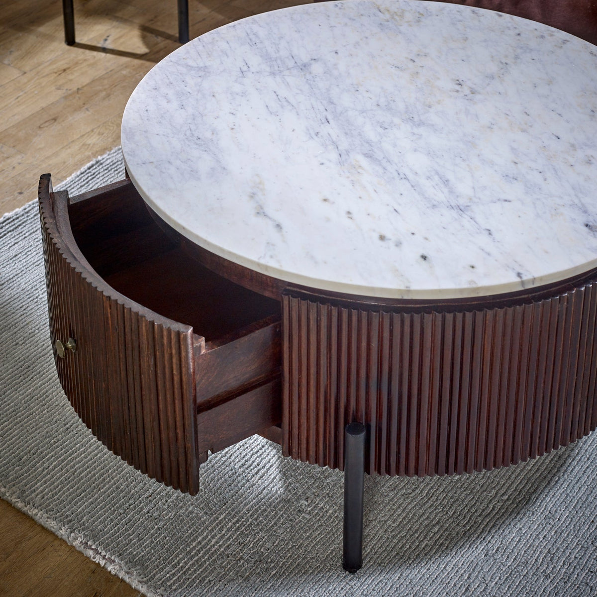 Calvessa Round Fluted Mango Wood Marble Top Coffee Table