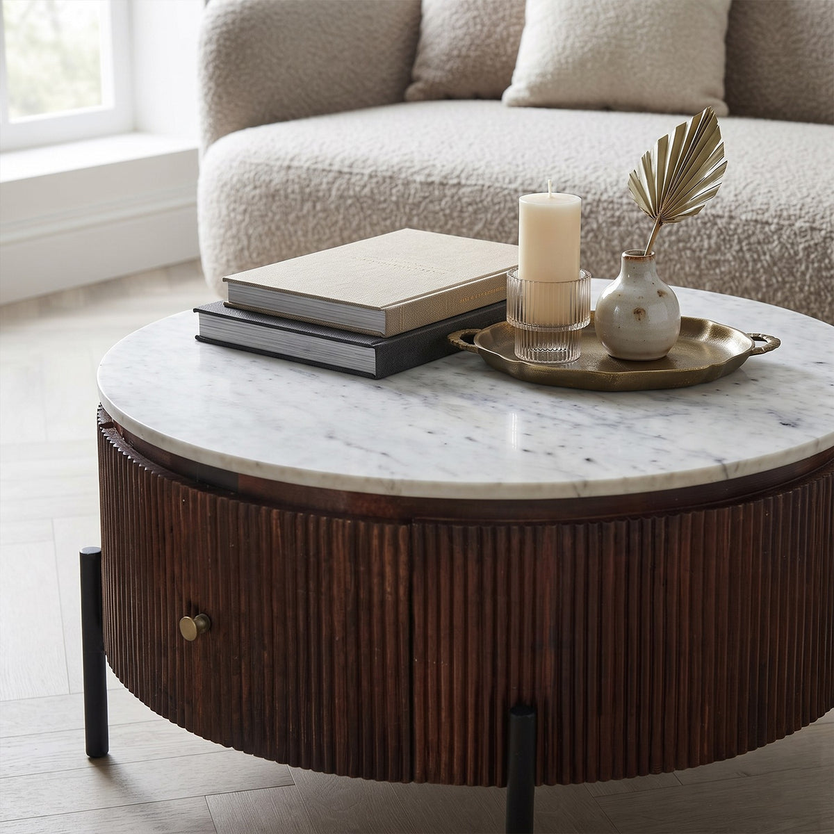 Calvessa Round Fluted Mango Wood Marble Top Coffee Table - image 2